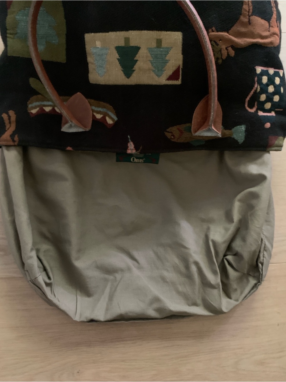 Vintage 90s Orvis Rustic Lodge Tapestry Tote Bag Moose Bear Leather Handles - Picture 16 of 16